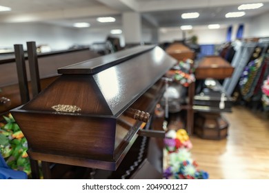 Wooden laquered coffin for sale in a special ritual store - Shutterstock ID 2049001217