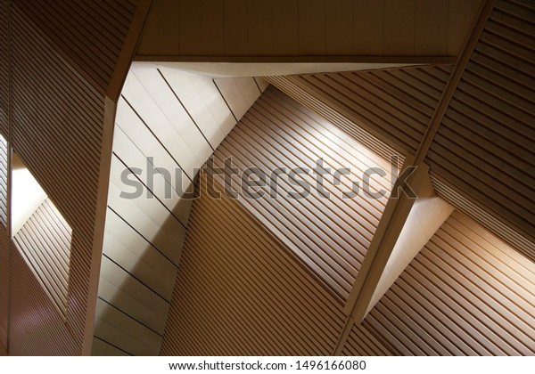 Wooden Lath Panels Dropped Ceiling Glowing Stock Photo Edit Now