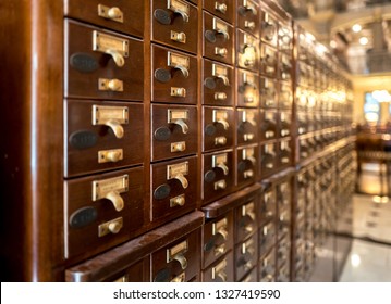Wooden library card catalog cabinets