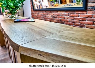 Wooden Live Edge Table In Solid Oak. Solid Oak Countertop. Live Edge Counter Top. Details Furniture. Solid Oak Reception