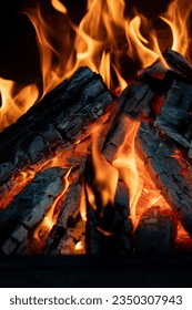 Wooden logs are burning in the fireplace. close-up. Tongues of flame on a dark background.