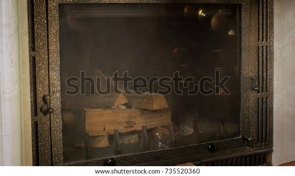 Wooden Logs Lying Fireplace Behind Glass Stock Photo Edit Now