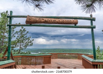 A Wooden Lookout Over The Small Ontario Town Of Temagami Is Seen In The White Bear Forest On A Gloomy And Overcast Day.