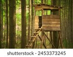 Wooden lookout post in the forest for hunters or animal watchers. Surveillance in nature.