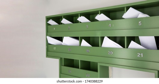 Wooden Mailbox On Condominium , Resident, Apartment Service. Letter Box .