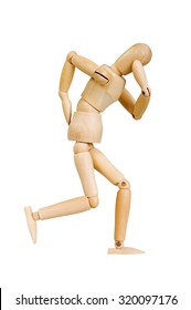 wooden man human makes shows expressive emotional action on a white background