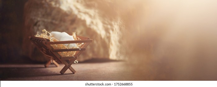 Wooden manger and star of Bethlehem in cave, nativity scene background. Christian Christmas concept. Birth of Jesus Christ. Jesus is reason for season. Salvation, Messiah, Emmanuel, God with us, hope. - Shutterstock ID 1752668855