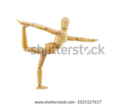 Wooden mannequin Do yoga exercises as an example to follow on white background and clipping path.