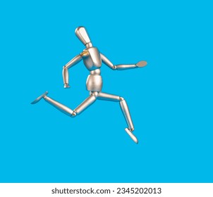 Wooden mannequin in a running jump on a blue background. The concept of joy and lightness. - Powered by Shutterstock