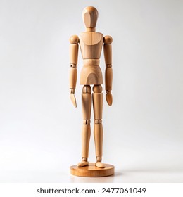 A wooden mannequin standing on a white surface. Perfect for showcasing clothing or creating artistic compositions. - Powered by Shutterstock