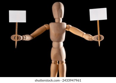 Wooden mannequin with two blank signs as a template for customization - Powered by Shutterstock