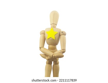 Wooden Mannequin With Yellow Star On Body Isolated On White Background. Superstar Concept.