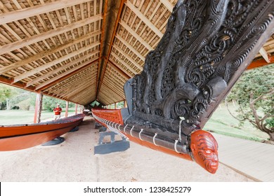 Wooden Maori War Canoe In Waitangi, New Zealand. 