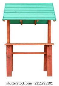 Wooden Market Stand Stall With Green Awning. Street Selling Business