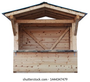 Wooden market stand stall made of raw wooden beams isolated on white