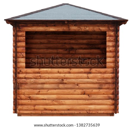 Wooden market stand stall made of natural wooden beams tree hut isolated on white