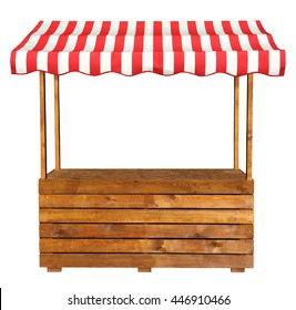 Wooden market stand stall with red white striped awning
