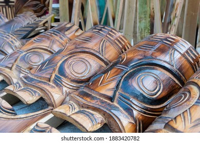 Wooden masks or tribal masks, handicrafts, on display during the Handicraft Fair in Kolkata - the biggest handicrafts fair in Asia.