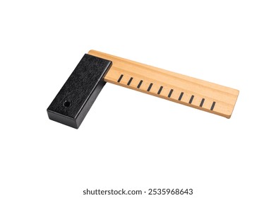 A wooden measuring tool with black end and marking lines designed for precise measurement in carpentry projects - Powered by Shutterstock