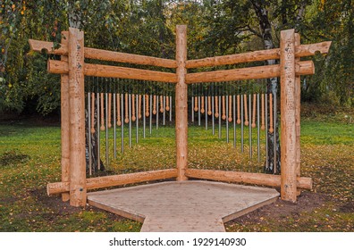 Wooden And Metal Wind Chime In The Street. Bbackground Musical Decoration.