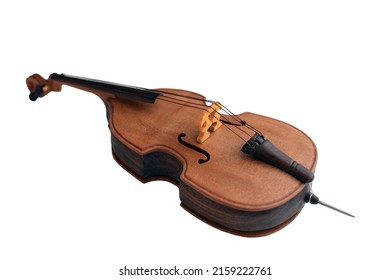 Wooden Miniature Double Bass isolated on white. Mini Contrabass Replica, Mini Musical Instrument. Model Home Decoration