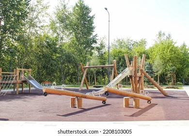 Wooden Modern Ecological Safety Children Outdoor Playground Equipment In Public Park. Nature Architecture Construction Playhouse In City. Children Rest And Childhood Concept. Idea For Games On Air.