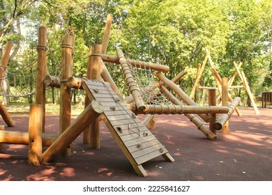 Wooden Modern Ecological Safety Children Outdoor Playground Equipment In Public Park. Nature Architecture Construction Playhouse In City. Children Rest And Childhood Concept. Idea For Games On Air.