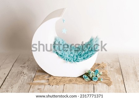 wooden moon with blue flowers for newborn photography prop
