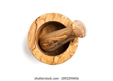 Wooden Mortar And Pestle On A White Background. View From Above.