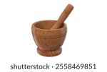 A wooden mortar and pestle used for grinding and mixing ingredients in cooking.