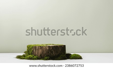wooden moss podium over table for organic cosmetic products. Natural style for presentation display cosmetic products. Copy space