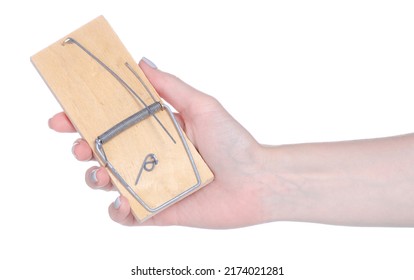 Wooden Mouse Trap In Hand On White Background Isolation