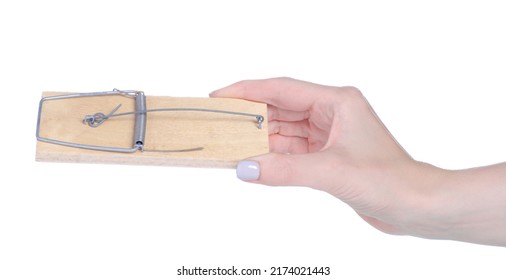 Wooden Mouse Trap In Hand On White Background Isolation