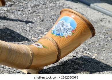 Wooden Musical Instrument Alpenhorn, Closeup.