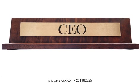 Wooden Nameplate With CEO Text, Isolated On White                              