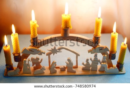 Wooden nativity scene candlestick with handmade beeswax candles