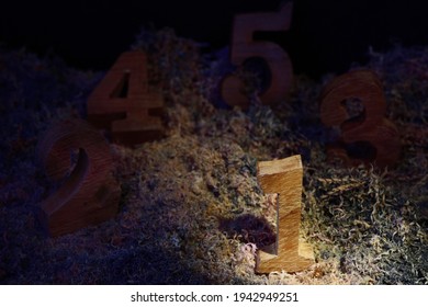 Wooden Number One Stand Out From Others On Sawdust Background. Competition Concept And Business Winner Success Idea