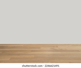 Wooden oak table top with free space for installing the product or layout on the beige background. Copy space. - Shutterstock ID 2246621491