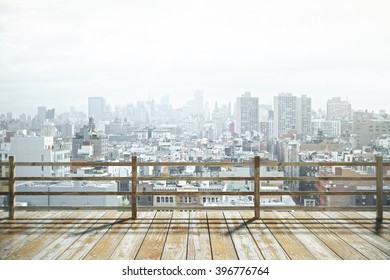 Wooden Observation Platform With Foggy City View