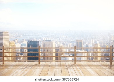 Wooden Observation Platform With Sunlit City View