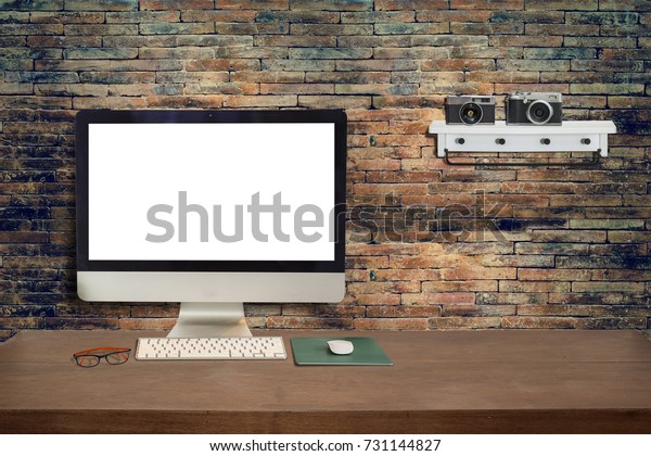 Wooden Office Desk Old Brick Wall Stock Photo Edit Now 731144827