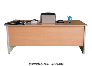 Wooden Office Desk Table With Laptop Computer, Glasses, Notebook And Calculator. Isolated On White Work With Clipping Path.