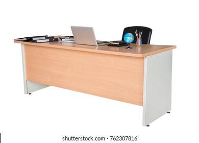 Wooden Office Desk Table With Laptop Computer, Glasses, Notebook And Calculator. Isolated On White Work With Clipping Path.