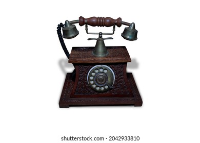 Wooden Old Land Line Phone With White Background 