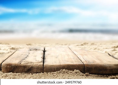 Wooden Old Table Top And Sea Space 