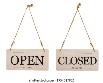 Wooden Open or Closed Shop Door Hanging Sign for Cafe Restaurant - Opening Time isolated on white background