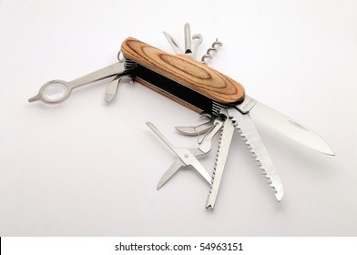 Wooden open Swiss army knife on white background