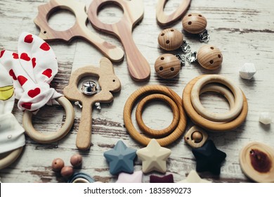 Wooden Organic Baby Teether Toy Details. Flat Lay Set For Making Children's Wooden Toys, Food Grade Silicone, Juniper Tree, Beech, Teethers And Rattles For Newborns