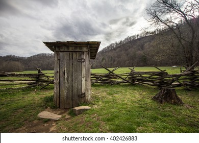 Wooden Outhouse In The Smoky Mountains. Wooden outhouse on display in the Great Smoky Mountains National Park.