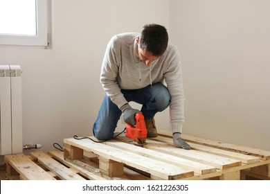 Wooden Pallet Furniture Making. Carpentry, Woodwork , DIY Project Concept